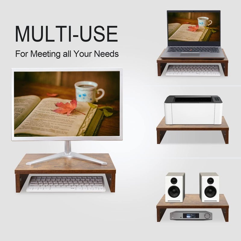 TEAMIX 14.2 inch Monitor Stand Riser, Rustic Brown Wood Monitor Riser with Storage for Desk Small Monitor Stand TV/Screen/PC/Laptop Riser Computer Stand Desktop Shelf (Brown-14.2 inch) - Image 3